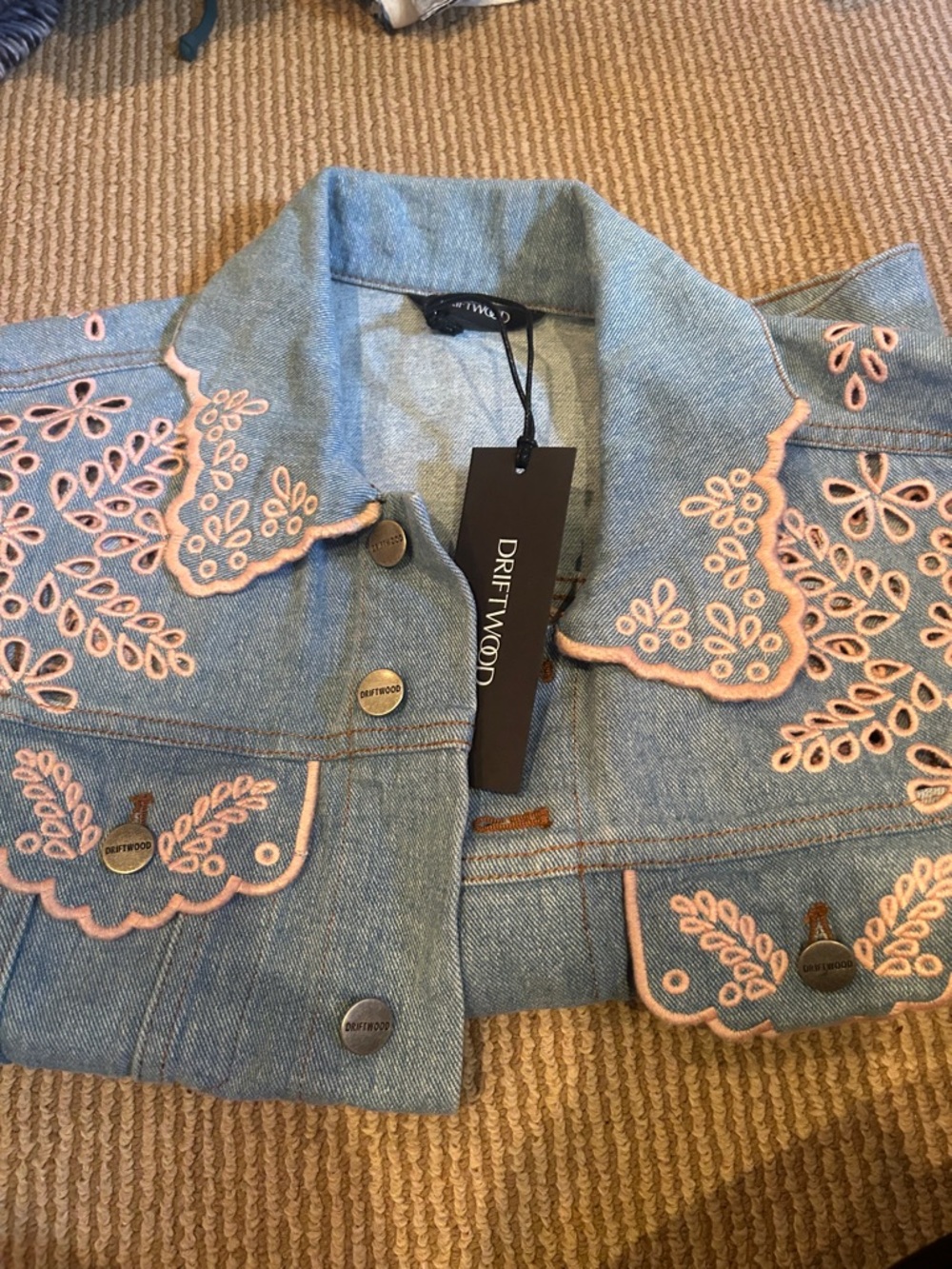 NWT FP x DRIFTWOOD Light Blue pink embroidered Denim vest size medium - Picture 5 of 11